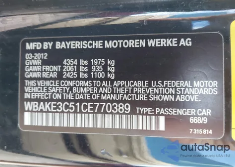 2012 BMW 328I from USA, damaged, VIN WBAKE3C51CE770389